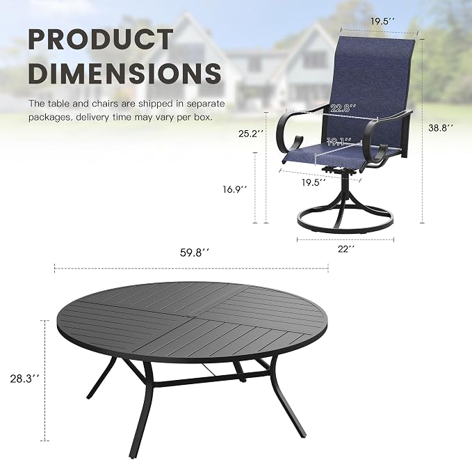 9 Pieces Patio Dining Set, 8 Outdoor Swivel Dining Chairs with 60.1" Round Metal Outdoor Dining Table with Umbrella Hole for Garden Backyard Deck, Dark Blue & Black