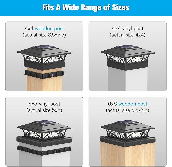 JOFIOS Solar Post Cap Lights Outdoor 4pack, Black Deck Fence Post Lights Solar Powered with 16LEDS 2 Lighting Modes, 4x4/5x5/6x6 Waterproof Fence Post Lights for Garden Patio Porch Backyard