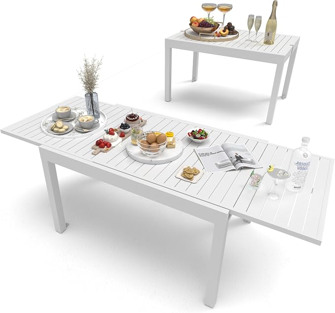 All Aluminum Expandable Patio Dining Table for 4-6 People, Extendable Outdoor Dining Room Table, All Weather Patio Furniture, Rectangular Metal Table with Adjustable Width 35"- 71", Ivory White