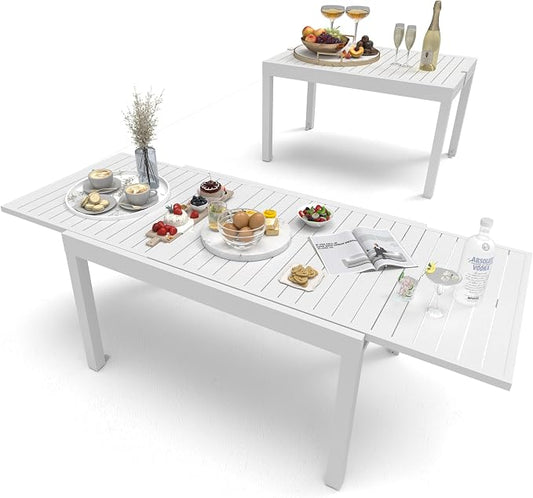 All Aluminum Expandable Patio Dining Table for 4-6 People, Extendable Outdoor Dining Room Table, All Weather Patio Furniture, Rectangular Metal Table with Adjustable Width 35"- 71", Ivory White