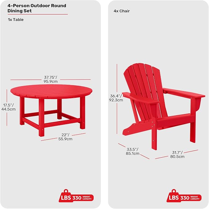 Costaelm Patio Conversation Set, Outdoor Chairs Set of 5 Balcony Firepit Furniture Outdoor Adirondack Round Table and Chair Backyard Furniture Set for Lawn Porch Pool Garden, Red