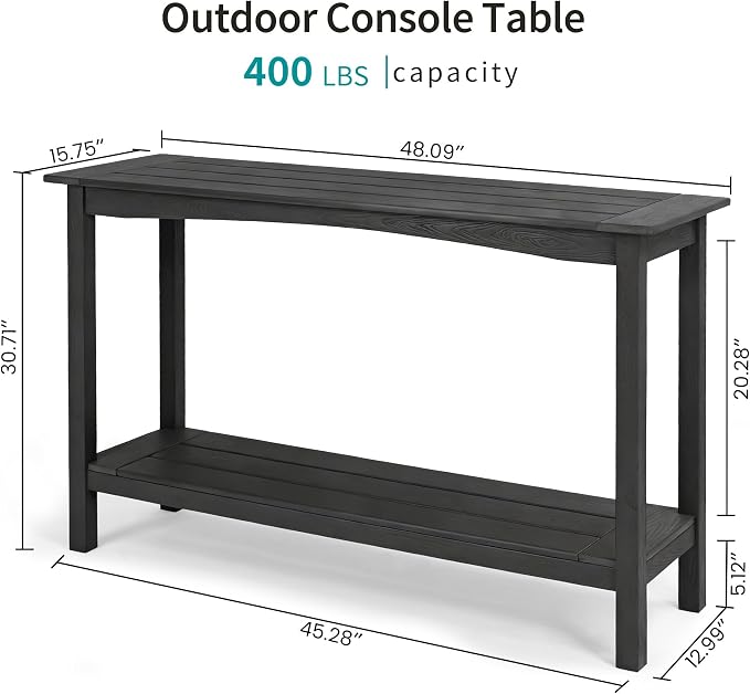 Outdoor Console Table, All-Weather 2-Tier Patio Console Table, Outside Plant Stand Table, Low Maintenance, Never Rot or Fade, HIPS Table for Indoor, Backyard, Garden, Entryway, Black