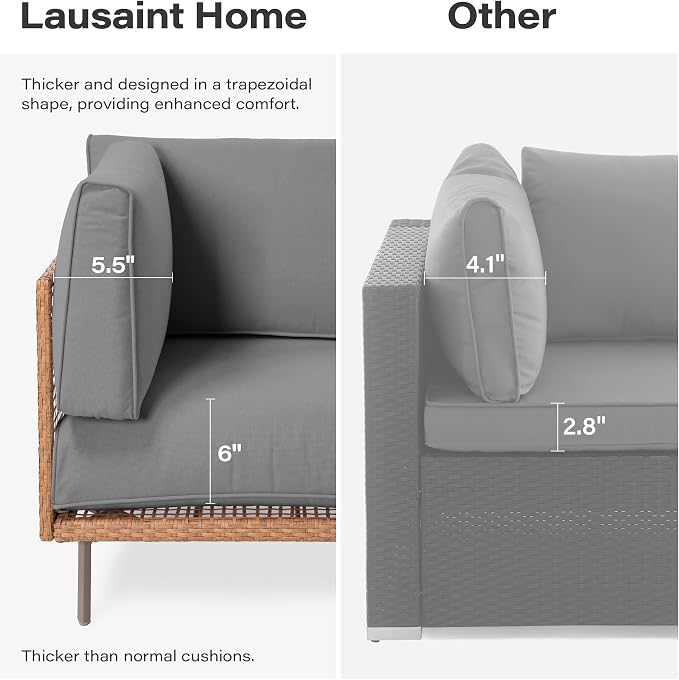 LAUSAINT HOME 5-Piece Outdoor Patio Furniture Set, Wicker Outdoor Conversation Set PE Rattan Sectional Sofa with Washable Cushions and Tempered Glass Table for Garden (Grey)
