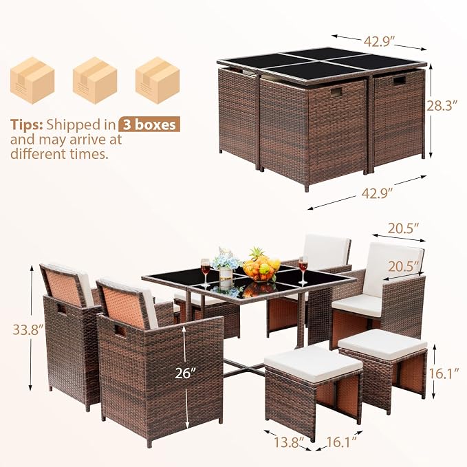 Homall 9 Pieces Dining Outdoor Furniture Patio Wicker Rattan Chairs and Tempered Glass Table Sectional Conversation Set Cushioned with Ottoman (Brown)