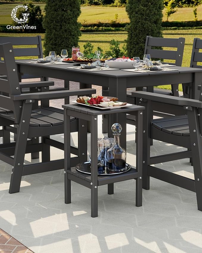 GREENVINES Tall-Outdoor-Side-Table Set of 2 | 23.5" | HDPE Plastic | Patio Adirondack End Tables | All Weather | 2-Tier | Grey | for Porch Garden Indoor & Rocking Chairs