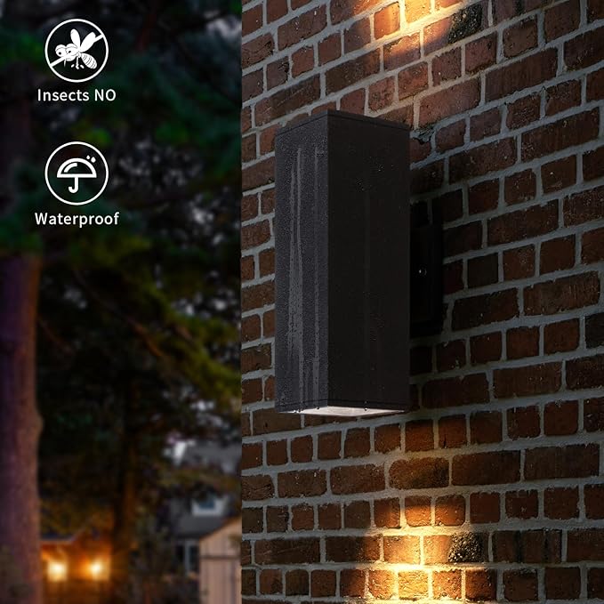 mirrea 14" Modern Outdoor Porch Light in 2 Lights, Matte Black, 2 Pack | Patio wall sconce, aluminum rectangular tube, tempered glass, waterproof. Up & down lighting for outdoor wall mount fixture.