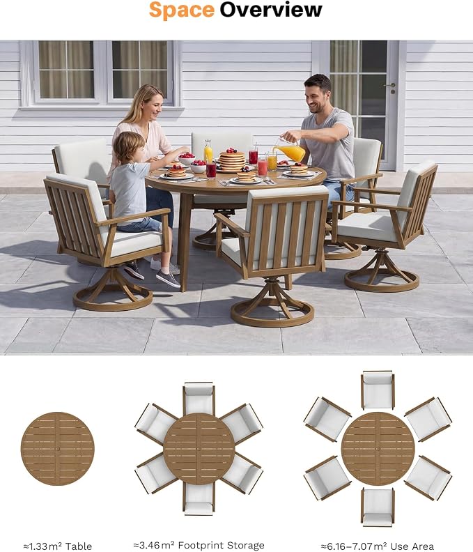 7-Piece Round Outdoor Dining Set, Never-Rust Aluminum Patio Swivel Dining Set, 51" Oversize Patio Dining Table with 6 Swivel Chairs, Outdoor Round Dining Sets for Backyard, Deck, Garden, Teak