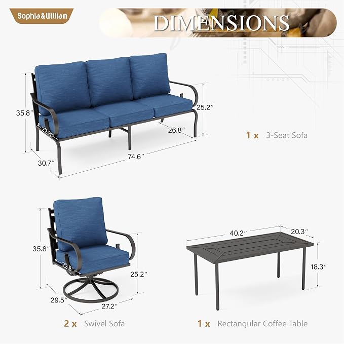 Sophia & William Patio Conversation Set for 5, 3-Seater Sofa, 2 Swivel Chairs and a Coffee Table, Metal Outdoor Furniture with 5.75" Extra Thick Cushions, Navy