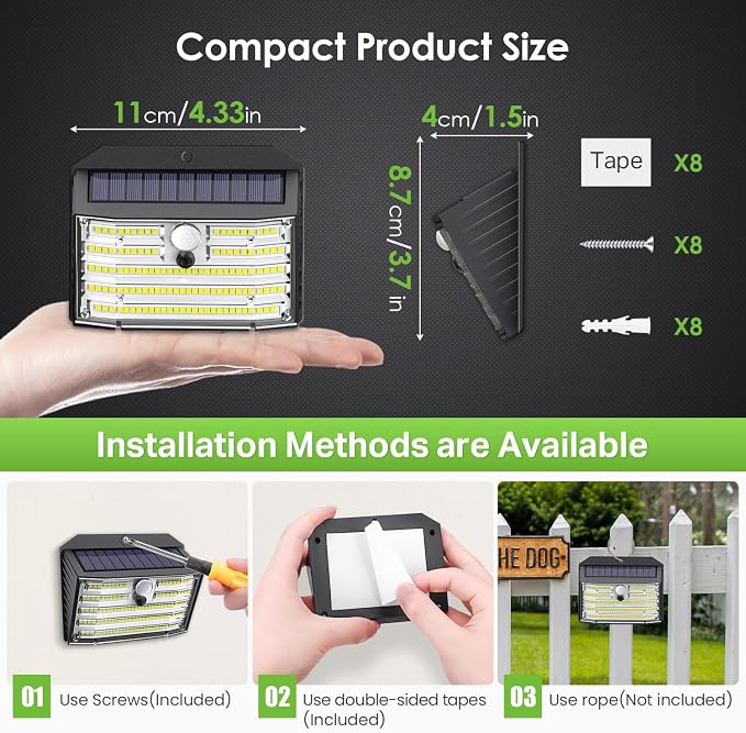 CLAONER Solar Lights Outdoor [𝟖 𝐏𝐚𝐜𝐤/126 LED], Wireless Motion Sensor Lights, IP65 Waterproof Security Lights 3 Modes, 270° Lighting Angle, Ultra-Bright Wall Lights for Deck Patio Fence Garage