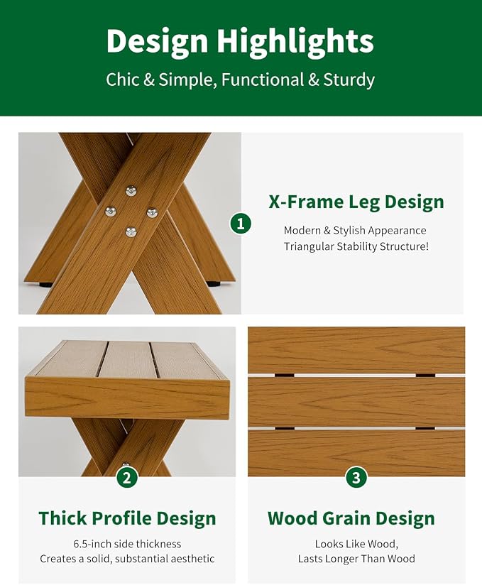 44.5" HIPS Outdoor Dining Bench, X-Shaped Modern Backless 2-Person Seating, All-Weather Patio Bench with Wood Grain Texture, Easy Assembly, Teak