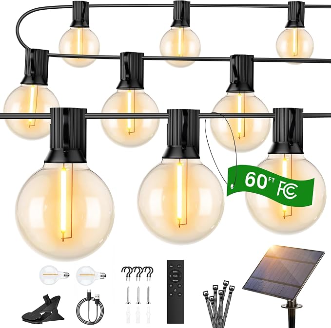 OHLUX 60FT Solar Globe String Lights Outdoor, Shatterproof Solar Patio Lights with Remote, 27 Dimmable LED Filament G40 Bulbs, 2200K Soft Warm White Edison Hanging Light for Outside Backyard Deck