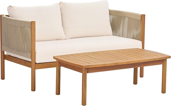 Merax Outdoor Loveseat & Coffee Table Set with Acacia Wood Frame in Teak Look, Beige Rope Panels & Cream Water-Repellent Cushions for Patio & Garden