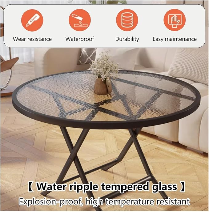 Folding Glass Outdoor Side Table, Patio Coffee Table, Weather Resistant Outdoor Round End Table, Portable Indoor Outdoor Glass Table, Modern Round Folding Dining Table, Space Saving Dining Table