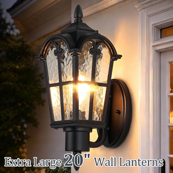 20’’ Extra Large Outdoor Wall Light Fixture, Exterior Wall Lantern Sconce | Waterproof, Rust-resistant, Matte Black, Water Ripple Glass, Quick & Easy Installation, Retro & Traditional