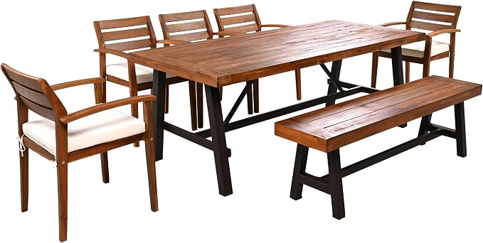 GDFStudio 7-Piece Acacia Wood Outdoor Dining Set for 7-8 Persons, Includes Table, Bench & Ergonomic Chairs with Removable Cushions, Adjustable Feet for Patio, Backyard, Porch or Deck, Natural Finish