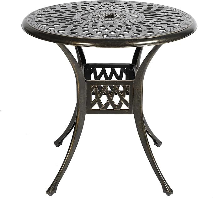 VIVIJASON 31" Patio Bistro Table Outdoor Dining Round Table Bronze Cast Aluminum Table with Umbrella Hole