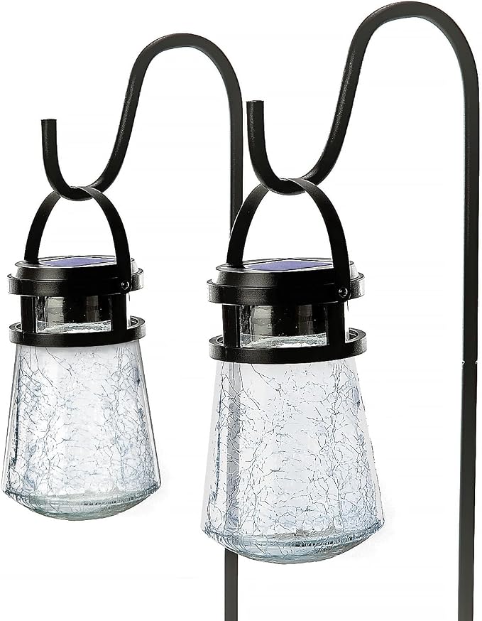 Home Zone Living 2PK Solar Crackle Glass Lanterns Hanging Light | Outdoor Waterproof 10 Lumens 3000K Decorative Large Garden LED Lights, Wiring for Patio Backyard Garden, Yard, Pathway
