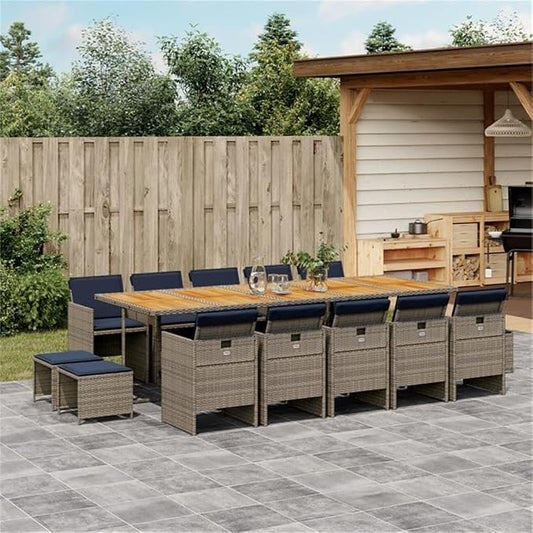 Afuera Living 15 Piece Poly Rattan Patio Dining Set, Gray and Oiled Acacia Wood, Removable Cushions, Weather-Resistant, Foldable and Stackable Chairs, Compact Outdoor Furniture for Garden, Patio,