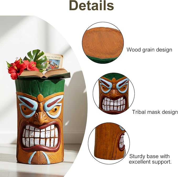 Tiki Outdoor Side Table, 20 Inch Fiber Reinforced Concrete Patio End Table, Decorative Garden Statue Stool with Wood Grain Tribal Mask Design for Garden, Porch, Poolside, Deck