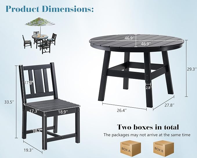 AMERLIFE 5 Piece HDPE Outdoor Dining Table & Chairs Set, All-Weather Patio Table and Chairs Set Furniture with Umbrella Hole for Garden, Backyard, Poolside, Seaside, Black