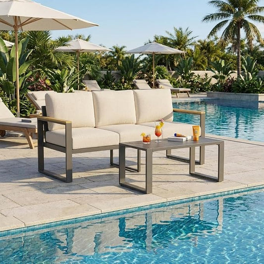 IDEALHOUSE Aluminum Outdoor Patio Furniture - 1 Pcs 3-Seat Sofa and Coffee Table, All-Weather Metal Modern Outside Furniture with Washable Thick Cushion for Balcony, Garden, Deck, Backyard, Beige