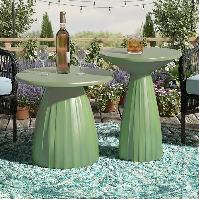 Round Small Patio Side Table Set of 2, Metal Steel Outdoor Side Table, Patio Accent End Table for Garden, Pool, Yard, Balcony, Living Room, Deck, Weather Resistant, No Assembly, Green