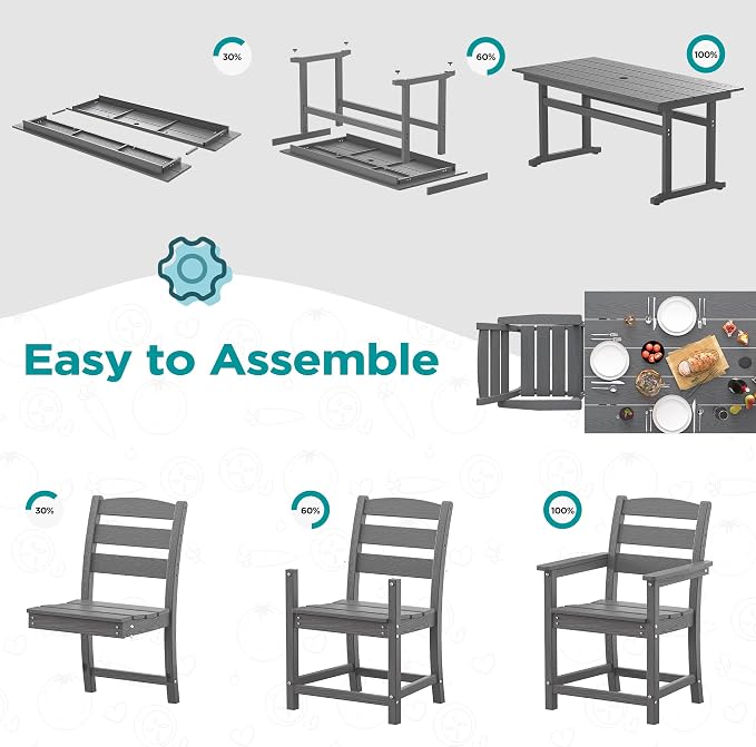 nalone Outdoor Dining Table for 6 - Person, 67"x32" Rectangular Patio Dining Table, All Weather HDPE Dining Table with Umbrella Hole· (Grey, 1 Table)