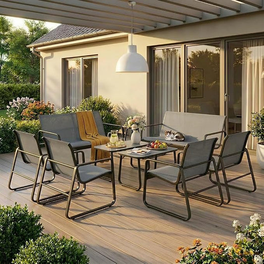 Gizoon 8 PCS Outdoor Patio Conversation Set, All Weather Metal Teslin Fabric, Patio Furniture Set with 2 Loveseat Benches, 4 Arm Chairs & 2 Glass Coffee Tables, for Backyard, Pool, Porch, Garden, Grey