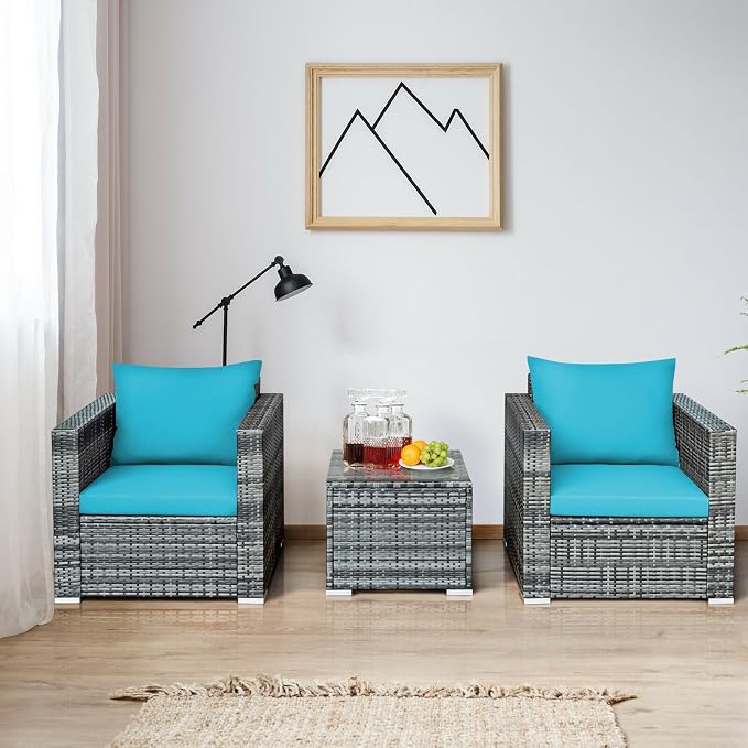 MARURY 3 PC Patio Rattan Furniture Bistro Set Outdoor Furniture Modern Conversation Set with Loveseat and Coffee Table, for Porch, Garden, Balcony