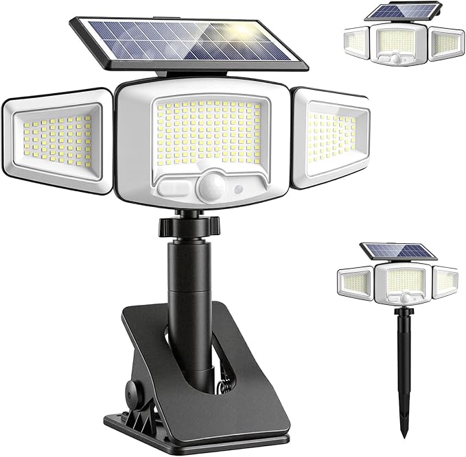 Clip-On Solar Light, Motion Sensor Outdoor Light with Stake, 1 Pack | In-Ground, Clamp or Wall Mount, IP65 Waterproof, USB Charging Supported, Solar Flood Light for Yard, Deck, Fence, Pathway