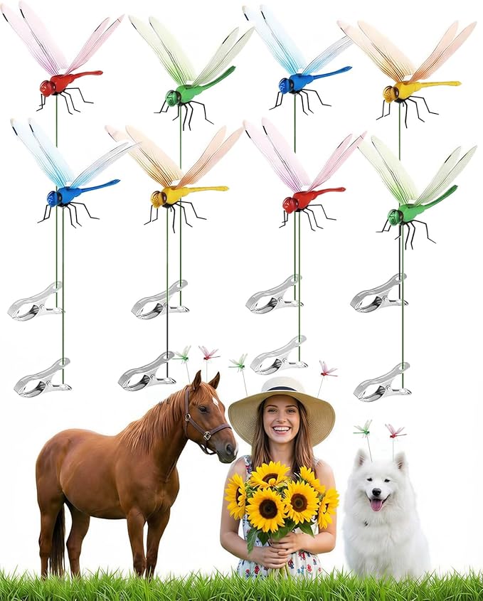 8 Pack Dragonfly Decoy Clips, 3D Realistic Wingman for Outdoor Garden, Nature-Inspired Visual Deterrent for Wasps, Flies and Bees, Clip-on Decoration for Hats, Backpacks and Patio