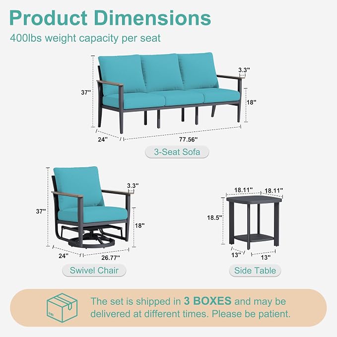 Aluminum Outdoor Patio Furniture Set with Swivel Rocking Chair 7-Piece, Patio Conversation Set Sectional Sofa with High Backrest & Thickened Cushions, Turquoise