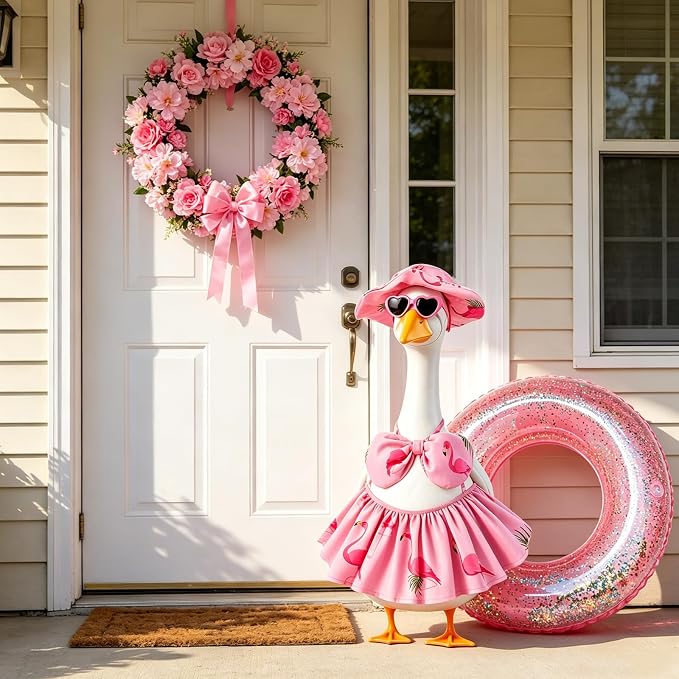 Summer Porch Goose Outfits Bikini - Hawaiian Porch Goose Clothes with Sunglasses and Swimming Ring for 23" Cement Goose Statue, Pink Flamingos Lawn Geese Costume Garden Yard Decor