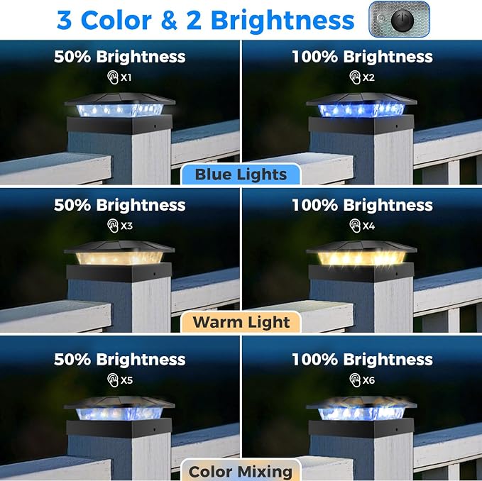 2pack 4x4 Solar Post Lights Outdoor, Blue & Warm White LED Fence Caps Light Waterproof, Wood & Vinyl Post Top Lighting for Deck Mailbox Railing Porch Outside