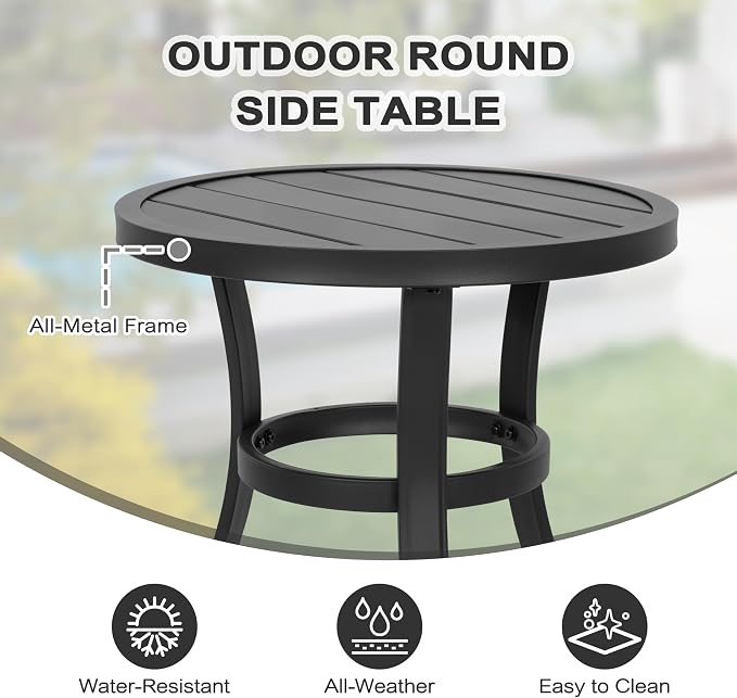 NUU GARDEN 20-Inch Outdoor Metal Side Table, Weather-Resistant Patio End Table, Small Patio Bistro Table for Balcony, Porch, Deck, Poolside, Black