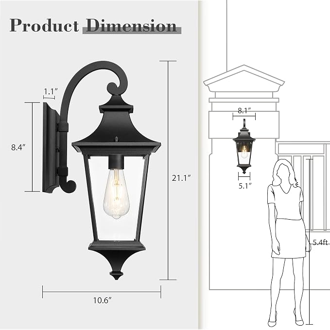 Emliviar Outdoor Porch Light, 21.1 Inch Modern Outdoor Wall Light for House Porch, Clear Glass in Black Finish, XE292B-M BK