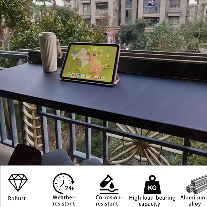 Outdoor Balcony Bar Table for Railings Aluminium Folding Balcony Shelf 5 Height Adjustable Wall-Mounted Side Table Saving Space 120 lbs Loading Serving Table for Patio Deck(Black,31.5x15.7in)