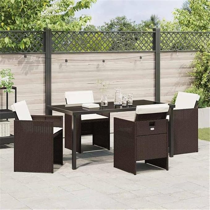 Afuera Living 5 Piece Poly Rattan Patio Dining Set, Brown Finish, Tempered Glass Tabletop, Weather-Resistant Cushions, Powder-Coated Steel Legs, Modern Outdoor Garden Furniture for 4-Person Seating