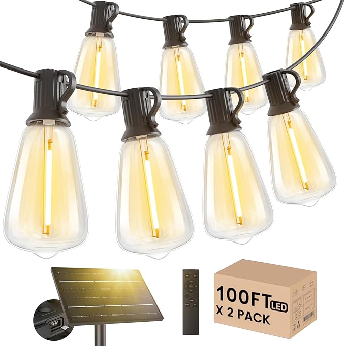 Svater Solar Outdoor String Lights 200FT, ST38 Patio Lights Shatterproof Dimmable Vintage Edison Bulbs - Solar Powered Weatherproof Light for Patio, Backyard, Garden, Bistro(2X100 FT)