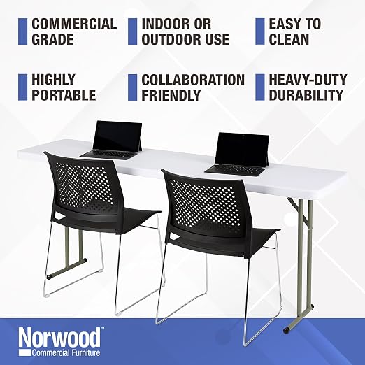 Norwood Commercial Furniture 6' Indoor/Outdoor Folding Training Table, Rectangular Blow-Molded Plastic Folding Training and Event Table, White