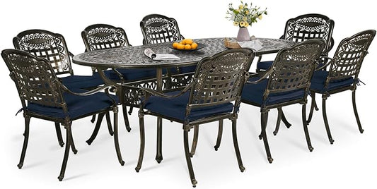 9-Piece Patio Dining Set, Outdoor Patio Table and Chair Set of 84” Oval Cast Aluminum Dining Table with Umbrella Hole and 8 Outdoor Dining Cushion Chairs, Patio Funiture Set for Garden, Navy