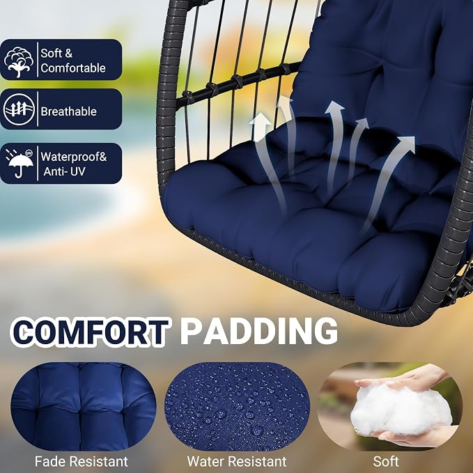 CHABATREE Egg Chair with Stand,Patio Rattan Wicker Hanging Swing Egg Chair Hammock Chair for Porch Garden,Thickened Aluminum Alloy Steel Frame and UV Resistant Cushion,350LBS Capacity(Dark Blue)