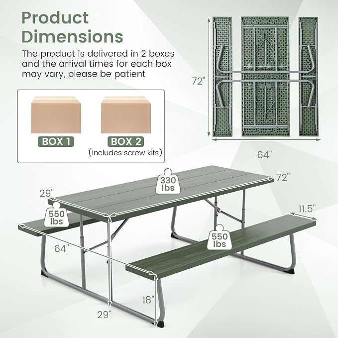 Giantex Folding Picnic Table - 6 FT Outdoor Table Bench Set for 8 Persons w/All-Weather HDPE Tabletop, Metal Leg, Umbrella Hole, Large Outside Dining Table for Patio Garden Yard Poolside (Green)