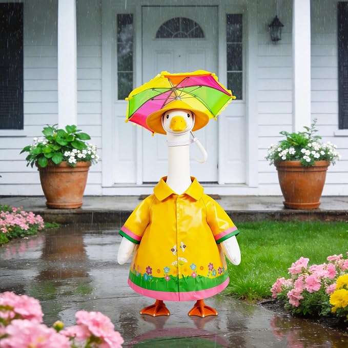 Raincoat Porch Goose Outfits, Yellow Raincoats Costume with Umbrella for 23 Inch Lawn Goose, Yard Goose Clothes Rain Jacket Umbrella Hat Outfit for Patio Yard Decor (Raincoat)
