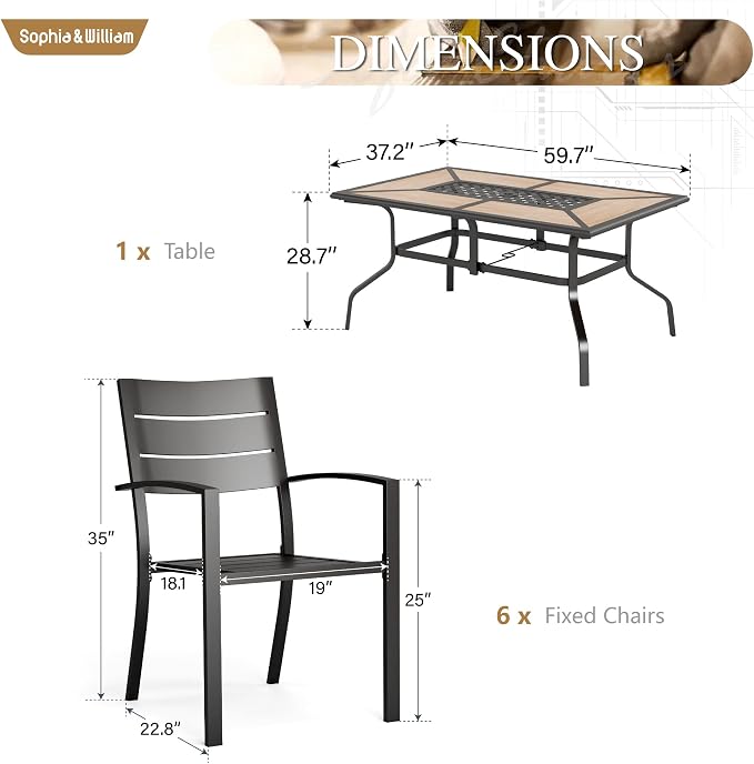 Sophia & William Patio Dining Set Metal Outdoor Table and Chairs Furniture Set 7 Piece, Large 60" Imitation Wood Dining Table with Umbrella Hole and 6 Backyard Garden Chairs Support 300LBS
