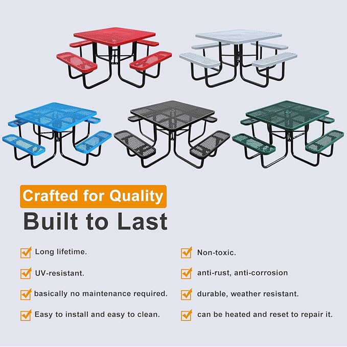 46-Inch Square Metal Outdoor Picnic Table – Commercial Heavy-Duty Steel Dining Table with Thermoplastic Coating, Weather & Rust Resistant, Ideal for Patio, Outside, Garden, Schools (Gray)