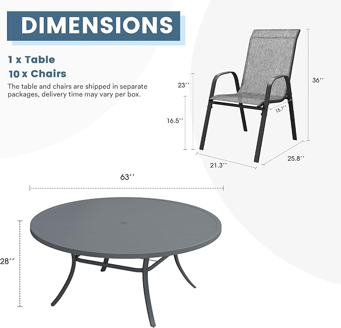 DIFY 11 Piece Outdoor Dining Set, 63" Round Metal Patio Table and Textilene Stackable Chairs for 10, All Weather Patio Furniture Set with Umbrella Hole for Backyard Garden Deck, Grey