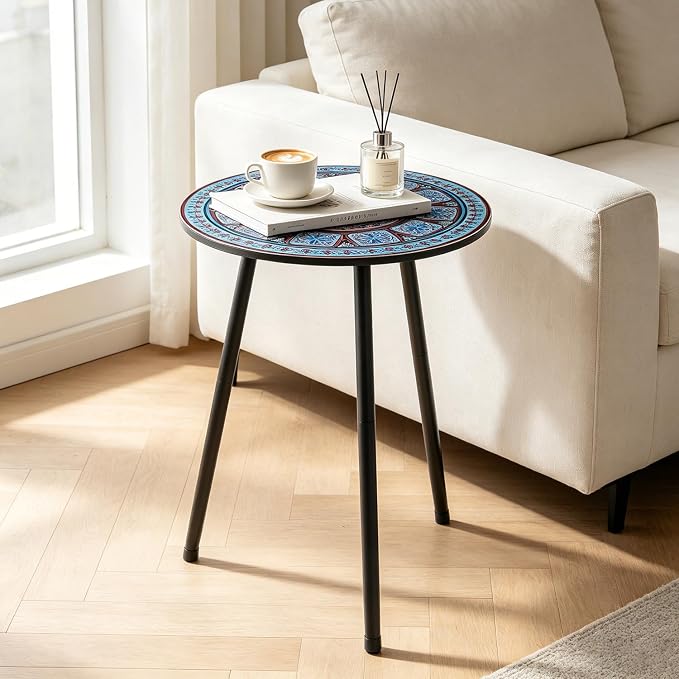 Outdoor Side Table Set of 2 Patio Side Tables for Outside Black End Tables Small Outdoor Table Round Patio End Table Metal Side Table Outside, Indoor, Bedroom, Living Room, Small Spaces, Azure Mosaic