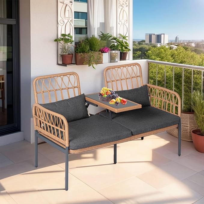 Outdoor Loveseat 2 Pieces Patio Furniture Set, Porch Furniture Wicker Large Loveseats, Patio Conversation Sets with Cushions & Lumbar Pillows and Built-in Table