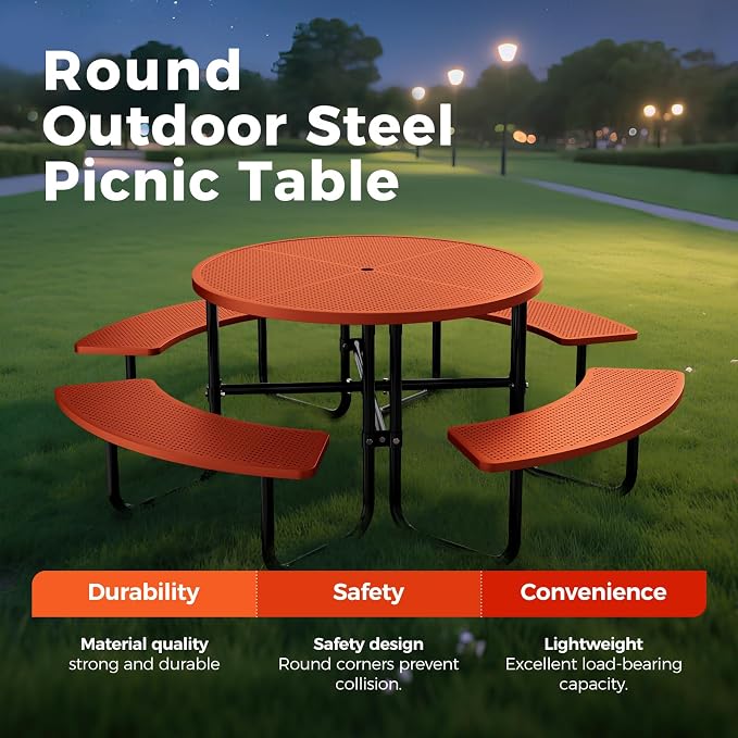 83" Round Heavy Duty Picnic Table for Outdoors Commercial Camping Table with Umbrella Hole up to 1.78" Orange Coated Steel Frame Waterproof Rust Resistant 3200 lbs Load Capacity
